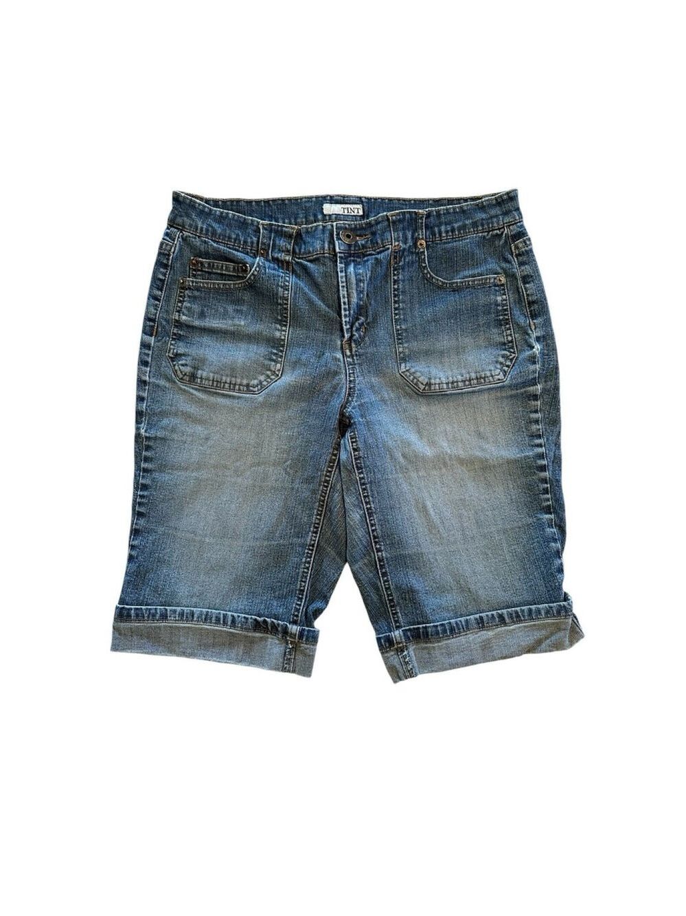 Tint Women's Denim Bermuda Short Cuffed Blue Size 12 5-Pockets Zipper Button - Picture 3 of 15